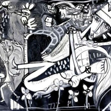 Quadro moderno in bianco e nero che ricorda la "Guernica" di Picasso. Dipinto originale di Alessandro Siviglia, artista internazionale.