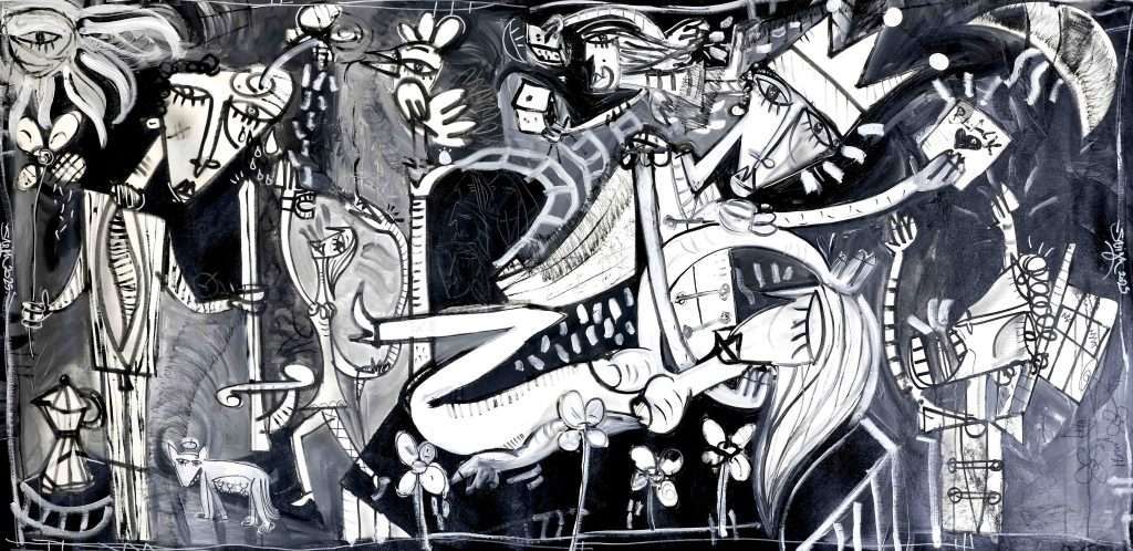 Modern black and white painting reminiscent of Picasso's "Guernica." Original painting by Alessandro Siviglia, an international artist.