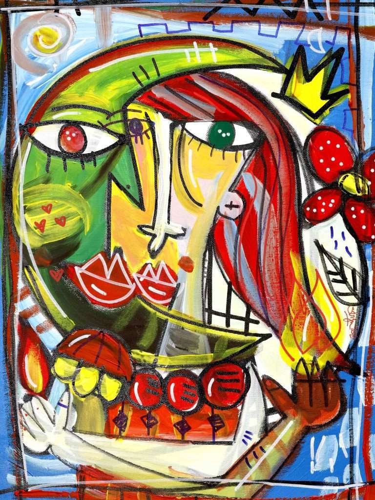 Porträt einer schönen Frau mit langen roten Haaren und Feuerflammen in ihren Händen. Gemalt im zeitgenössischen kubistischen Stil vom italienischen Künstler Alessandro Siviglia.