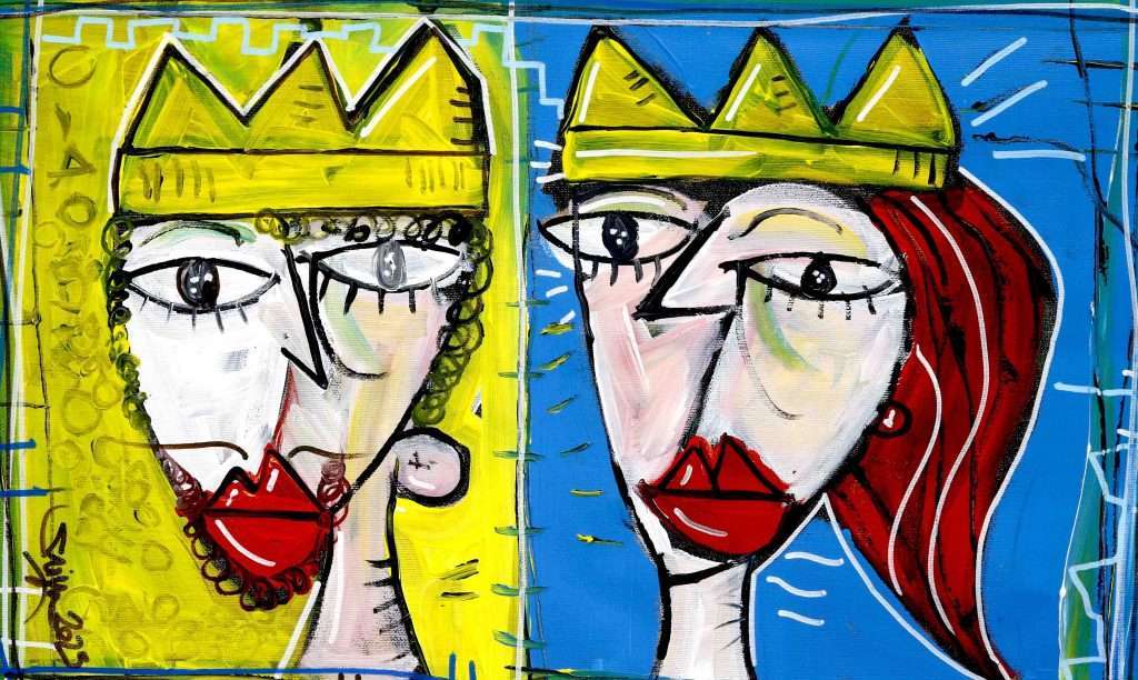 Portrait of a king and queen with red hair. Painted in a contemporary cubist style with a yellow and blue background. A small painting to decorate a home entrance.