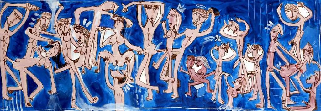Ein freizügiges Gemälde mit einer Gruppensexszene. Die Dargestellten zelebrieren eine Orgie und praktizieren verschiedene Stellungen und Sexualpraktiken. Die nackten Figuren sind in hellen Farben gemalt, der Hintergrund hingegen in einem tiefen, leuchtenden Blau.
