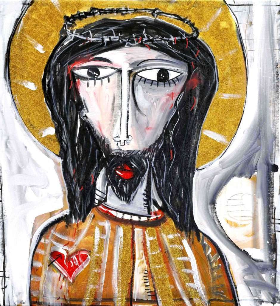 Portrait of Jesus with the crown of thorns on his head and traces of blood on his cheeks, near the temples. The halo around his head and his robe are made of golden dust, creating a sparkling effect.