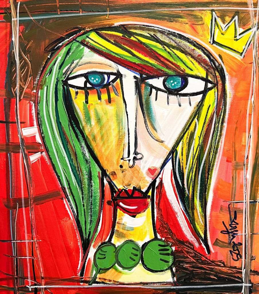 A close-up of a woman in contemporary cubist style against a red-orange background. The woman's head was painted using mixed media on canvas by Italian artist Alessandro Siviglia.