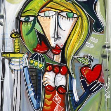 Bellissimo ritratto nel tipico stile Sivigliano. Donna bionda con occhi verdi pungenti, una mela rossa e una spada abbassata in mano. Un quadro cubista contemporaneo con colori accesi, contrasti forti tra rosso fuoco e verde lime.