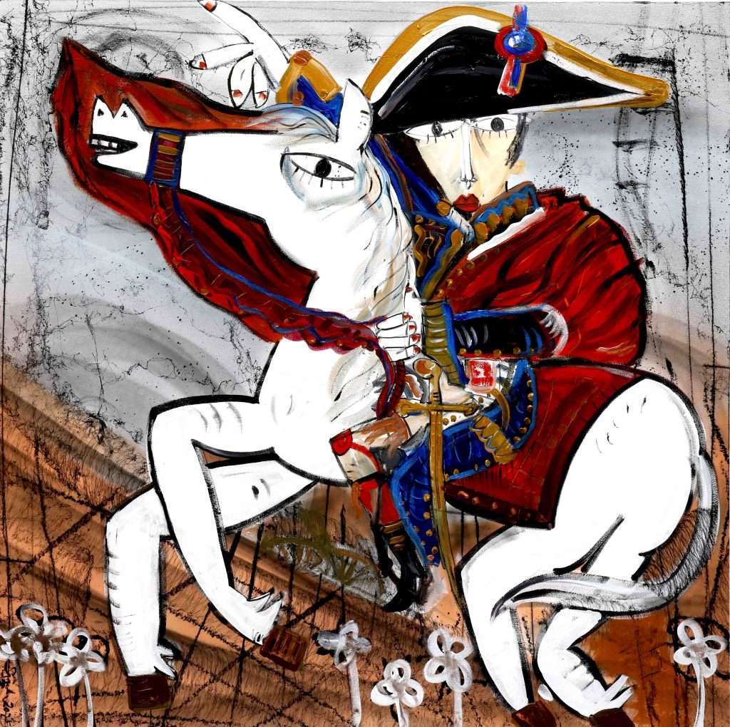 Porträt Napoleon Bonapartes zu Pferd, inspiriert von Jacques-Louis Davids „Bonaparte überquert den Großen Sankt Bernhardpass“. Dieses Gemälde im zeitgenössischen Stil wurde vom renommierten Künstler Alessandro Siviglia mit Acryl- und Sprühfarbe auf Leinwand geschaffen.