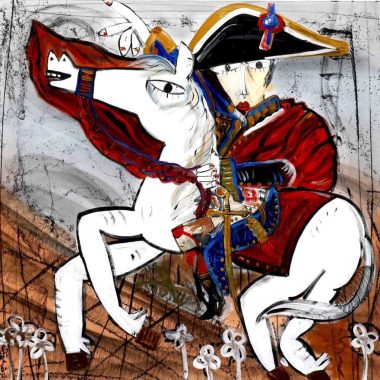Ritratto di Napoleone Bonaparte a cavallo ispirato a "Bonaparte valica il Gran San Bernardo" di Jacques-Louis David. Il dipinto in stile contemporaneo realizzato con acrilico e spray su tela dall'artista famoso Alessandro Siviglia.
