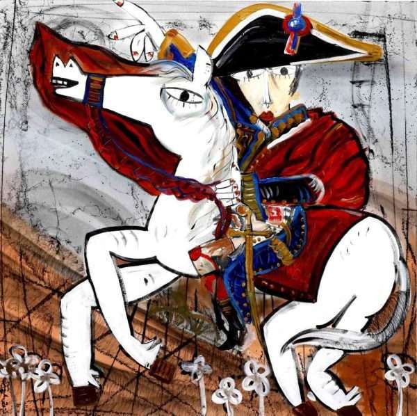 Ritratto di Napoleone Bonaparte a cavallo ispirato a "Bonaparte valica il Gran San Bernardo" di Jacques-Louis David. Il dipinto in stile contemporaneo realizzato con acrilico e spray su tela dall'artista famoso Alessandro Siviglia.