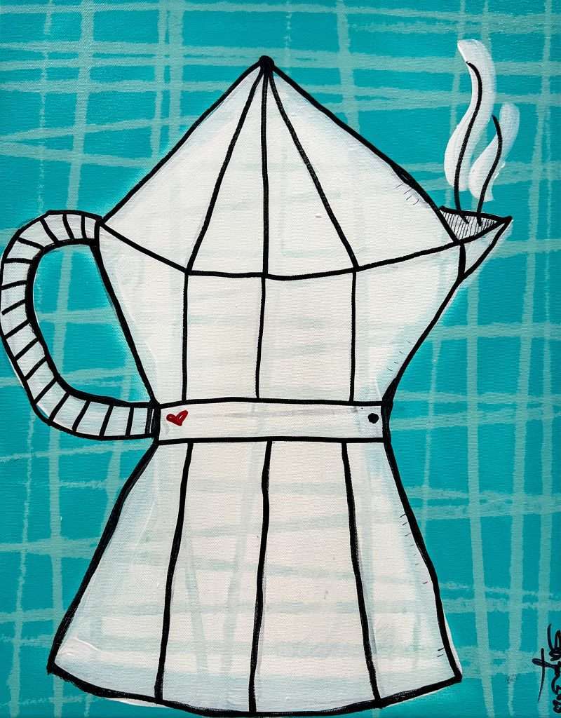 A typical Bialetti coffee maker in white on a turquoise background. This small painting is ideal for decorating a bar, café, or home kitchen.