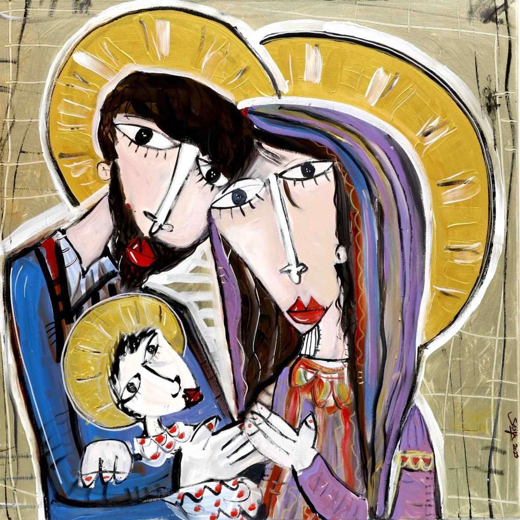 Porträt der Heiligen Familie in modernem Stil. Quadratisches Gemälde mit dem Heiligen Josef, der Madonna und dem Jesuskind auf goldenem Hintergrund.