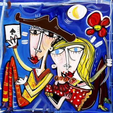 quadro che rappresenta amore e affetto con sfondo blu notte, quadro moderno per regalare agli sposi, a fidanzati o all'anniversario. dipinto originale pezzo unico.