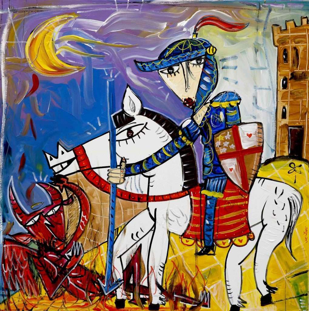 Darstellung des Heiligen Georg im Kampf gegen das Böse. Eine mittelalterliche Szene, gemalt im zeitgenössischen Stil.