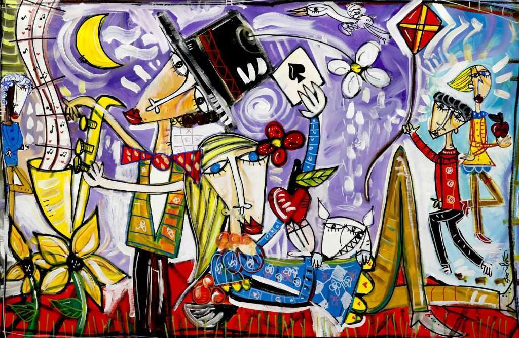 Large, colorful painting of a happy family, purple and red background, large format for decorating your living room.