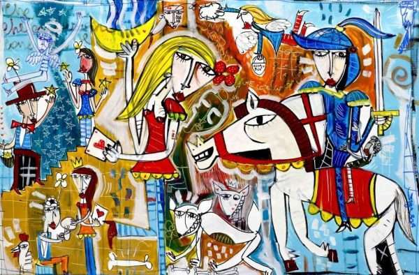 Dipinto grande in stile contemporaneo, colori accesi e vivaci, scena dinamica e coinvolgente. Artista internazionale Alessandro Siviglia.