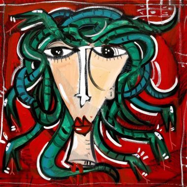 Modernes Gemälde mit rotem Hintergrund, der Blick der Medusa