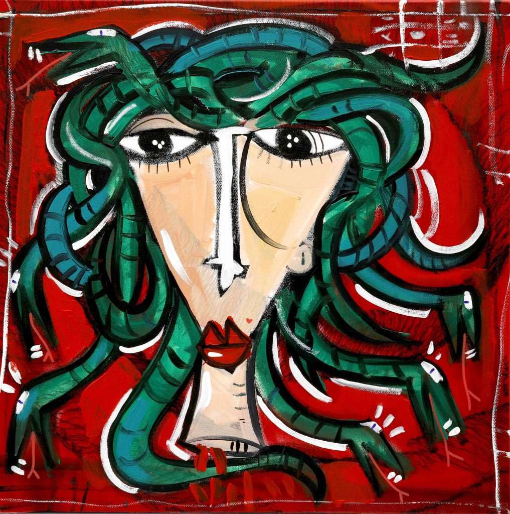 Modernes Gemälde mit rotem Hintergrund, der Blick der Medusa