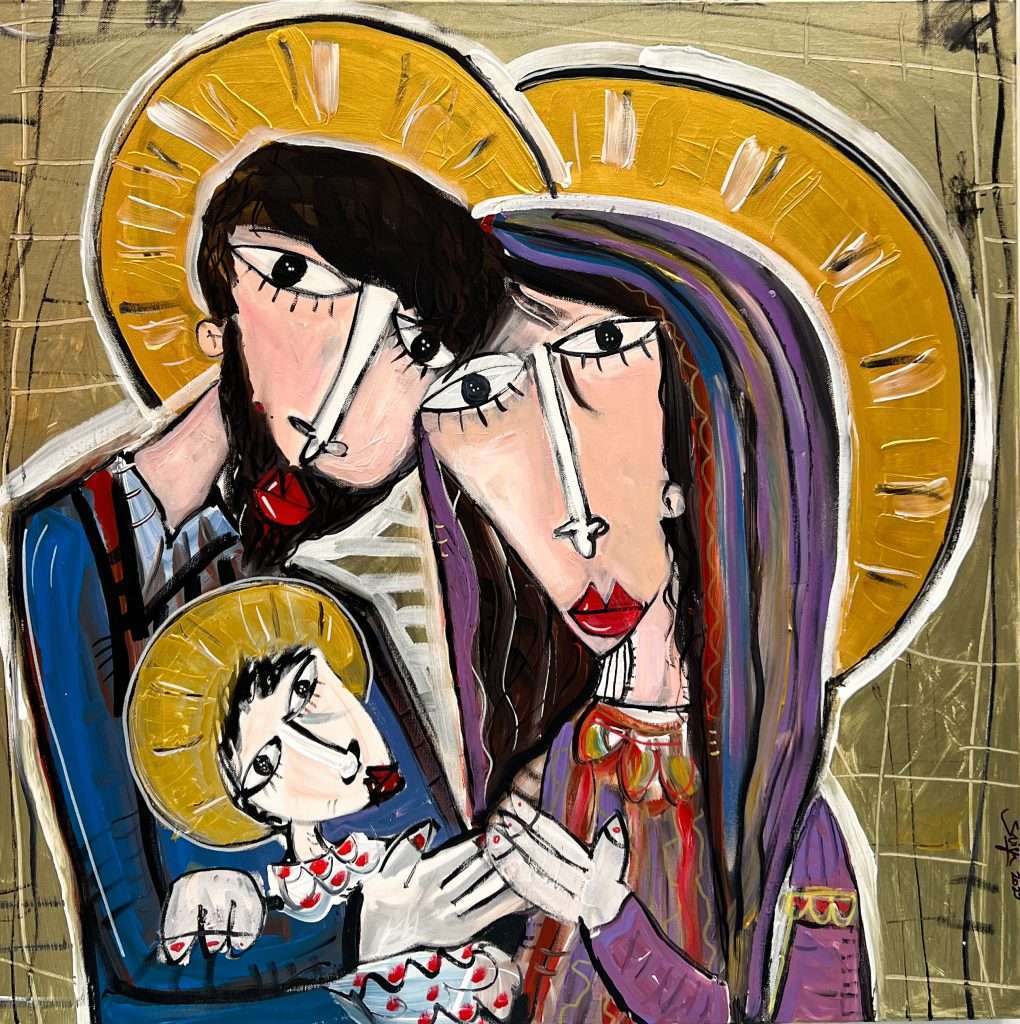 Portrait of the Holy Family in a modern style. Square painting with Saint Joseph, the Madonna, and Baby Jesus on a golden background.