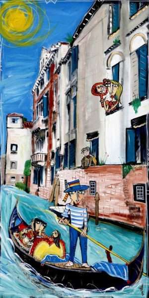 quadro originale, dipinto paesaggio Venezia con turisti che fanno il giro in gondola.