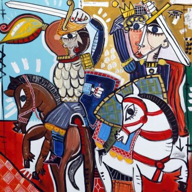 quadri con scene di battaglia, dipinti con pupi siciliani, quadri con scene medievali in stile contemporaneo, cavalieri e guerrieri