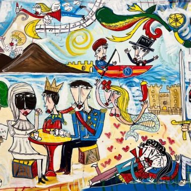 Paesaggio stilizzato di Napoli con il golfo di Napoli e il Vesuvio, con San Gennaro, Maradona, Pulcinella, il re Borbone, Masaniello ecc. Ideale per arredare pizzeria Napoletana