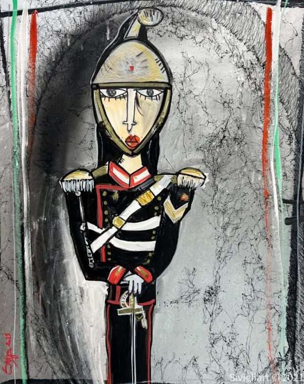 Ritratto di un corazziere con elmo e spada. Guardia d'onore del Presidente della Repubblica e unità speciale dei Carabinieri.