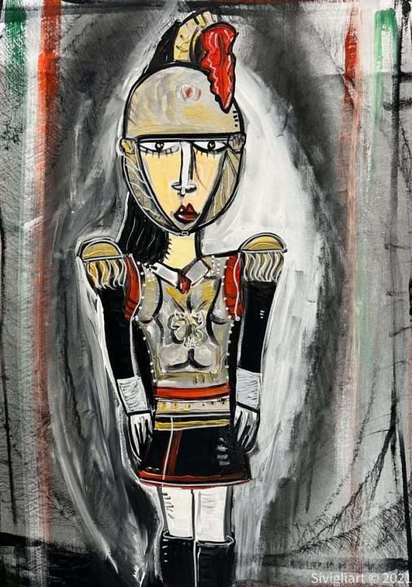 Ritratto di un corazziere in uniforma su un fondo grigio e nero astratto. Il corazziere in posa di servizio con lo sguardo diritto trasmette devozione e coraggio.