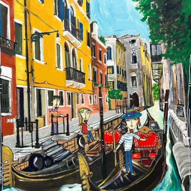 Paesaggio di Venezia con palazzi storici colorati e gondole classiche con gondoliere.