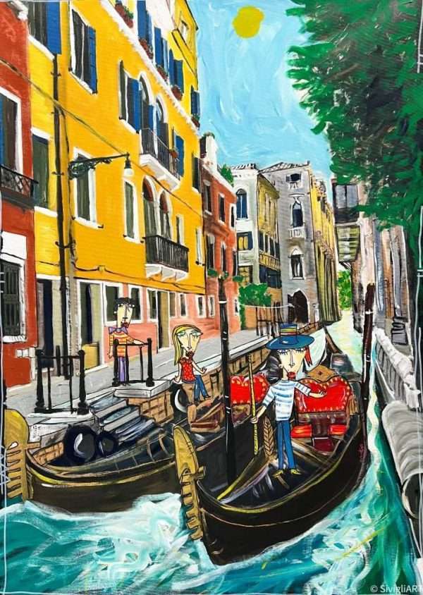 Paesaggio di Venezia con palazzi storici colorati e gondole classiche con gondoliere.