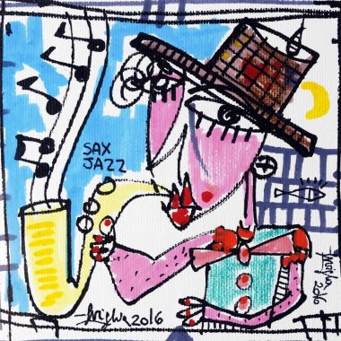 quadri con musicisti come saxofonisti, trombettisti, ghitarristi ecc. e con ballerine e ballerini, con note musicali e colori vivaci perfetto per chi ama la musica, per Jazz club e music bar