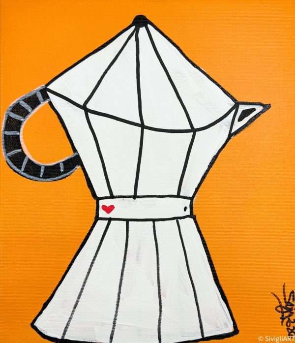 Caffettiera iconica italiana marca Bialetti dipinto a mano con sfondo arancione quadro per arredare bar o bed and breakfast, per la cucina di casa o area caffè in azienda
