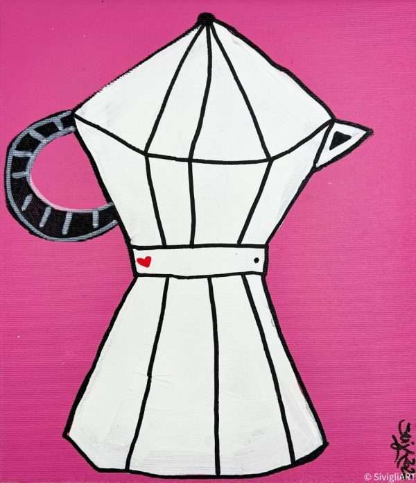 dipinto della Caffettiera di Bialetti con sfondo rosa, quadro piccolo ideale decorazione per bar e cucina