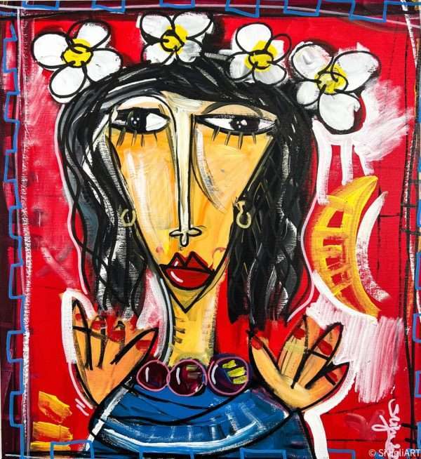 Porträt einer Frau mit einem Blumenkranz im Haar. Der Hintergrund des Gemäldes ist leuchtend rot und symbolisiert Liebe und Leidenschaft.