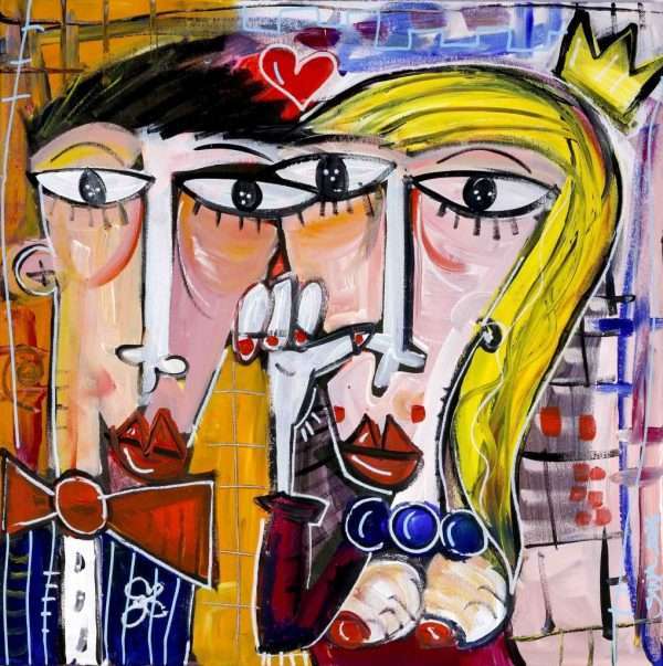 Originalgemälde, romantisches Porträt eines Paares, schwarzhaariger Mann, blonde Frau, erste Begegnung, Liebe auf den ersten Blick.
