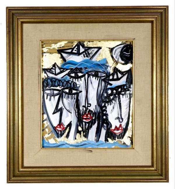 Quadro moderno olio su tavola con cornice antica 52x47 Uomini di Mare, raffigurati con barba e barchette di carta sulla testa