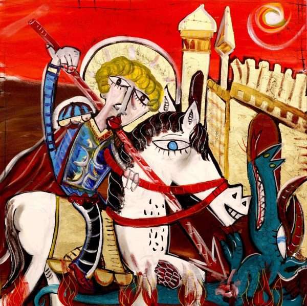 Die Geschichte des Heiligen Georg, Originalgemälde im modernen Stil, 100x100cm, ein modernes Gemälde zur Dekoration von Kirchen oder als Geschenk für Bischöfe und Priester.