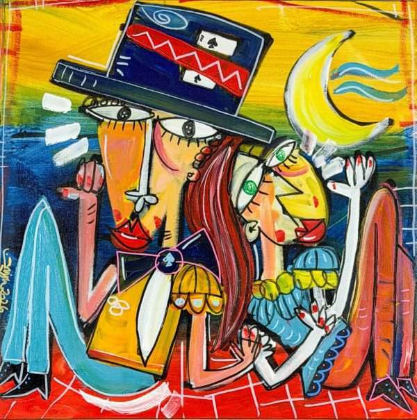 Kleines, modernes Gemälde mit einem Paarporträt vor rotem, gelbem und blauem Hintergrund. Ein romantisches Bild einer Frau mit langen braunen Haaren und grünen Augen. Ein perfektes Hochzeitsgeschenk.