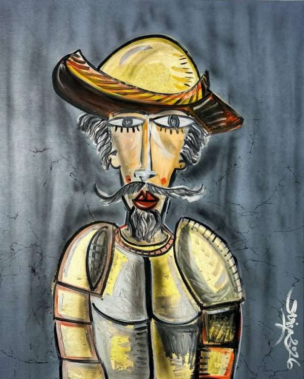 Porträt von Don Quijote de la Mancha im zeitgenössischen Stil mit grauem, gesprühtem Hintergrund und einer schimmernden, mit Blattgold verzierten Rüstung. Originalgemälde von Alessandro Siviglia.
