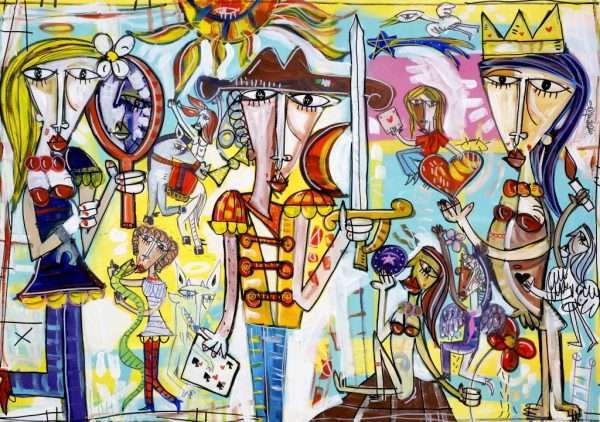 Dipinto con personaggi in stile cubista, torero, regina che si specchia, realizzato con colori accesi e brillanti