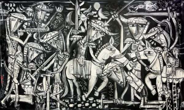 Großes Gemälde „Krieg der Worte“, Acryl auf Leinwand