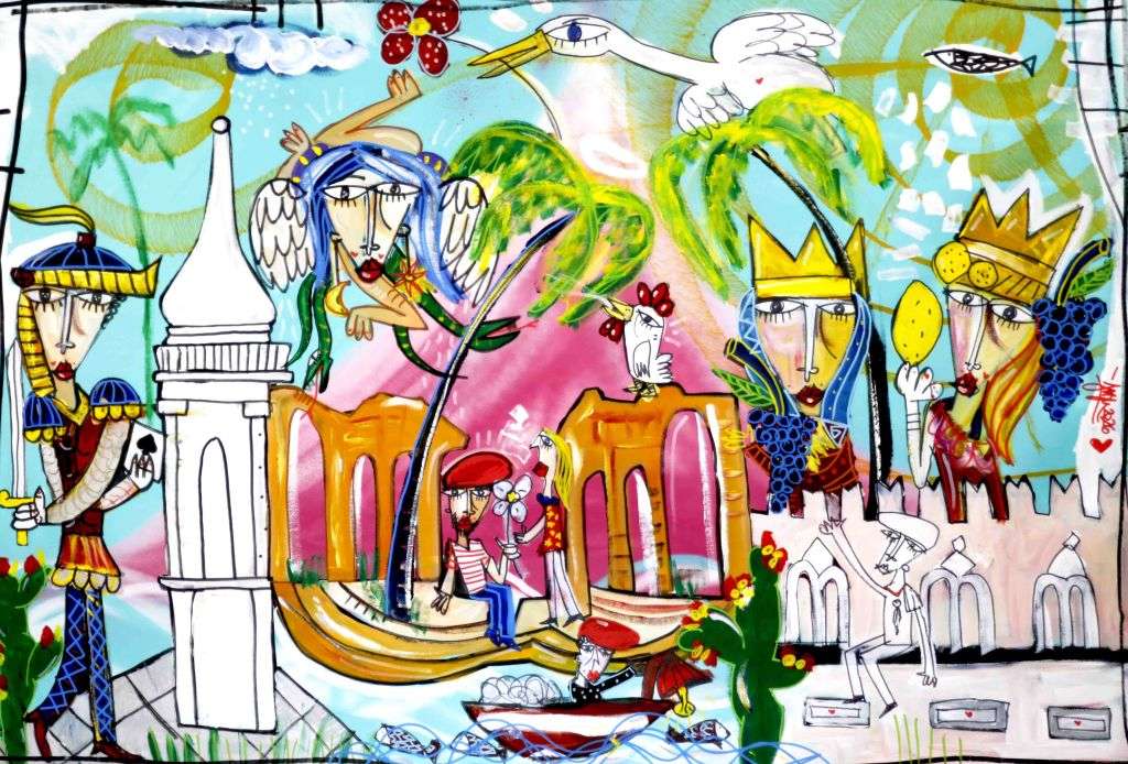 Dipinto colorato con paesaggio siciliano "Taormina" città famosa sotto l'Etna. Dipinto con colori estivi e vivaci raffigura i palazzi storici di Taormina. Artista Alessandro Siviglia.